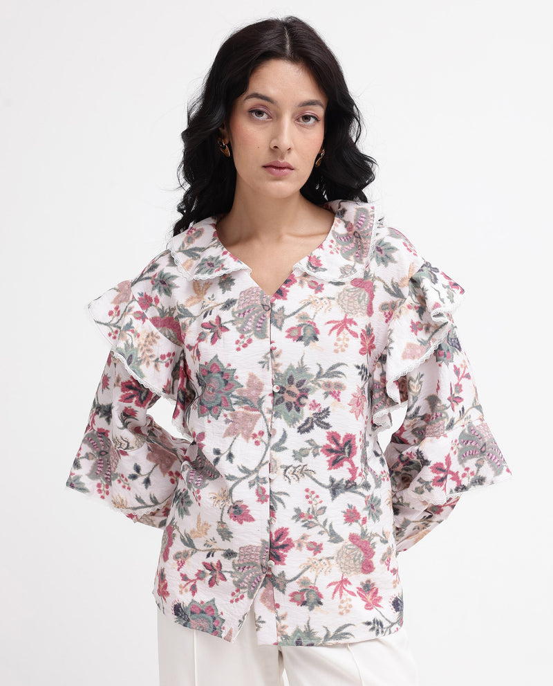 Rareism Women'S Mei-T Multi Poly Viscose Bishop Sleeve Peter Pan Neck Floral Print Shirt