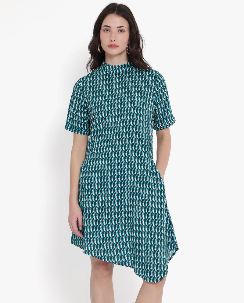 Rareism Women'S Mello Blue Button Closure Short Sleeve High Neck Geometric Print Knee Length Dress