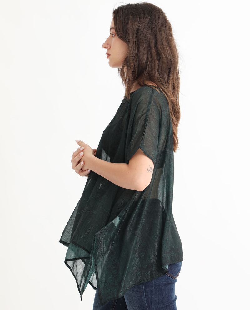 Rareism Women's Meresa Dark Green Polyester Fabric Short Sleeves Boat Neck Regular Fit Plain Top