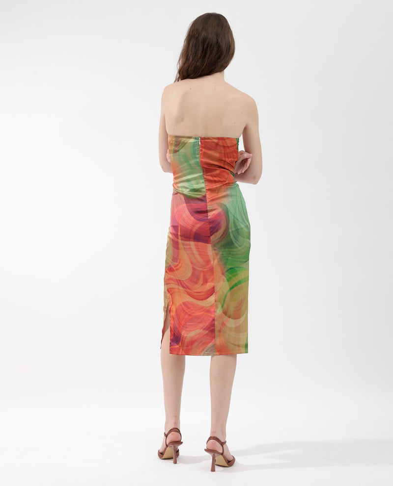 Rareism Women's Mermaid Multi Polyester Fabric Zip Closure Tube Neck Sleeveless Regular Fit Abstract Print Midi Bodycon Dress