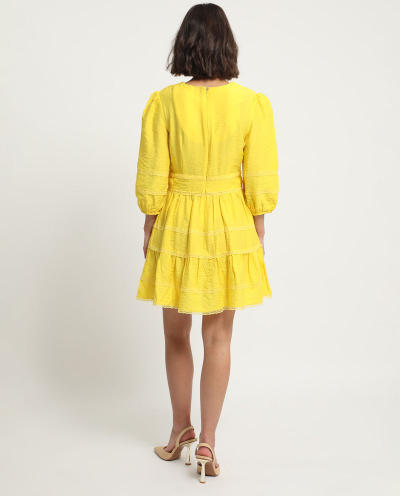 Rareism Women's Meruf Yellow Poly Viscose Fabric 3/4Th Sleeves Zip Closure V-Neck Balloon Sleeve Regular Fit Plain Short Empire Dress