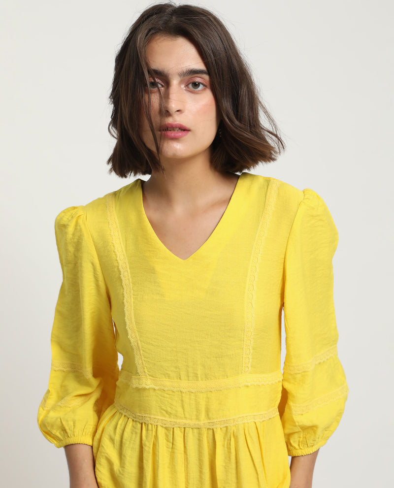 Rareism Women's Meruf Yellow Poly Viscose Fabric 3/4Th Sleeves Zip Closure V-Neck Balloon Sleeve Regular Fit Plain Short Empire Dress