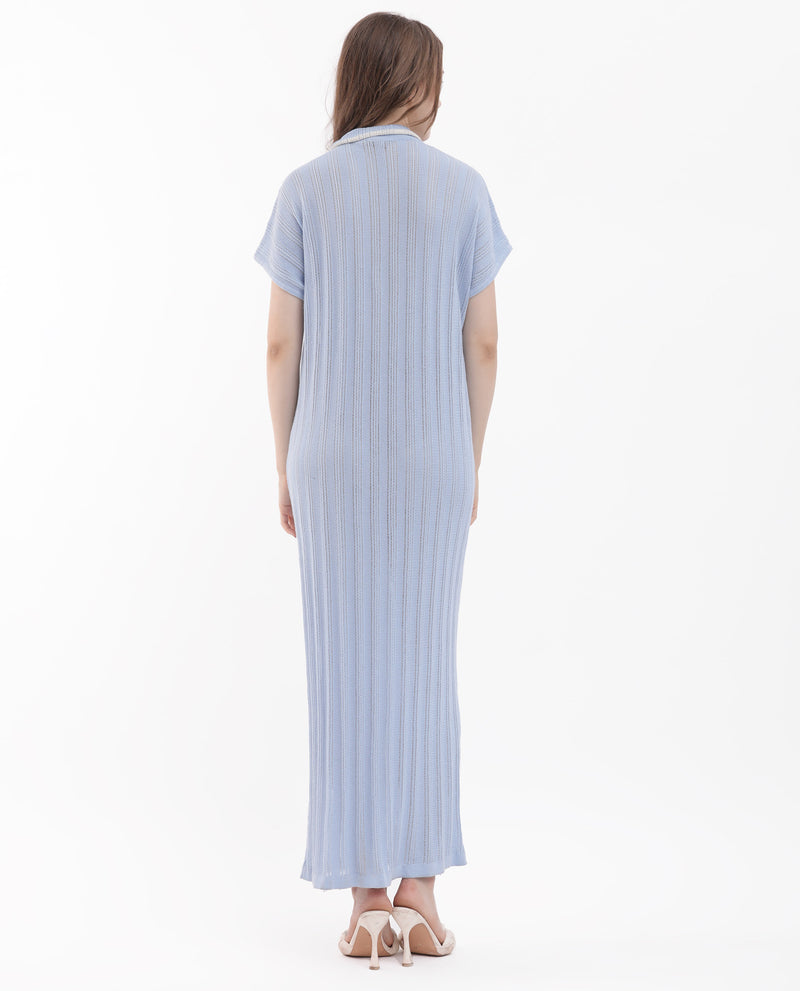 Rareism Women'S Meyora Light Blue Cotton Fabric Short Sleeves Johnny Collar Extended Sleeve Regular Fit Plain Maxi Dress
