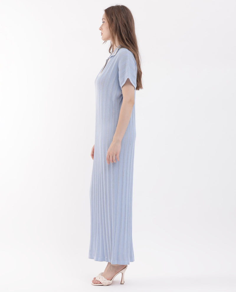 Rareism Women's Meyora Light Blue Cotton Fabric Short Sleeves Johnny Collar Extended Sleeve Regular Fit Plain Maxi Dress