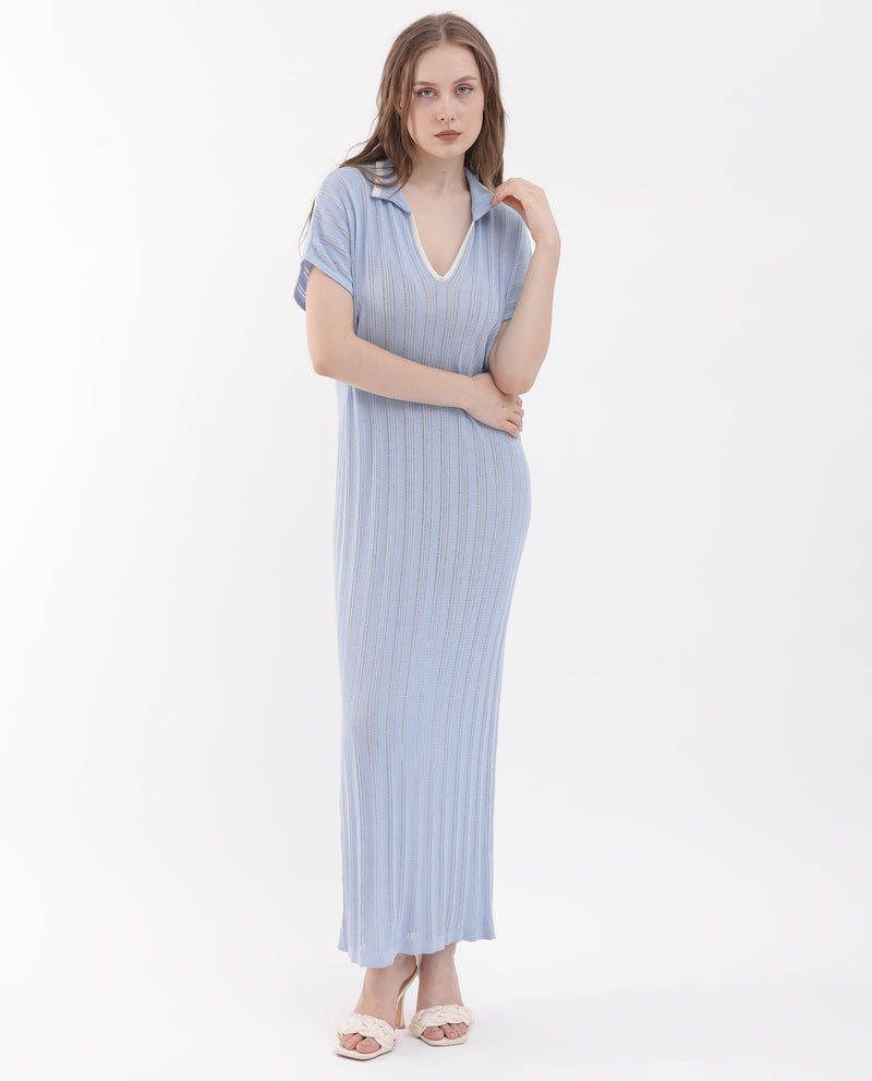 Rareism Women's Meyora Light Blue Cotton Fabric Short Sleeves Johnny Collar Extended Sleeve Regular Fit Plain Maxi Dress