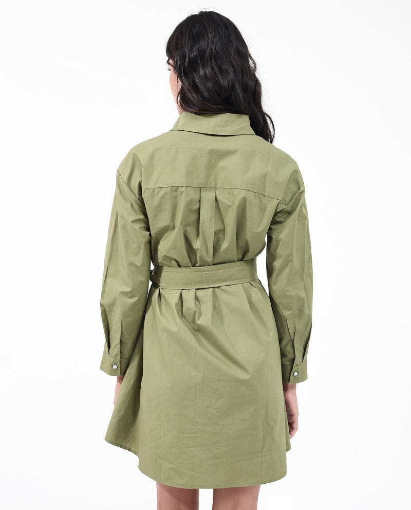 Rareism Women'S Meztli Green Cotton Fabric Over-Dyed Shirt Dress