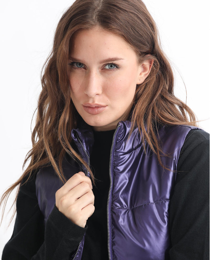 Rareism Women'S Mindy Purple Polyester Fabric Sleeveless Solid High Neck Jacket