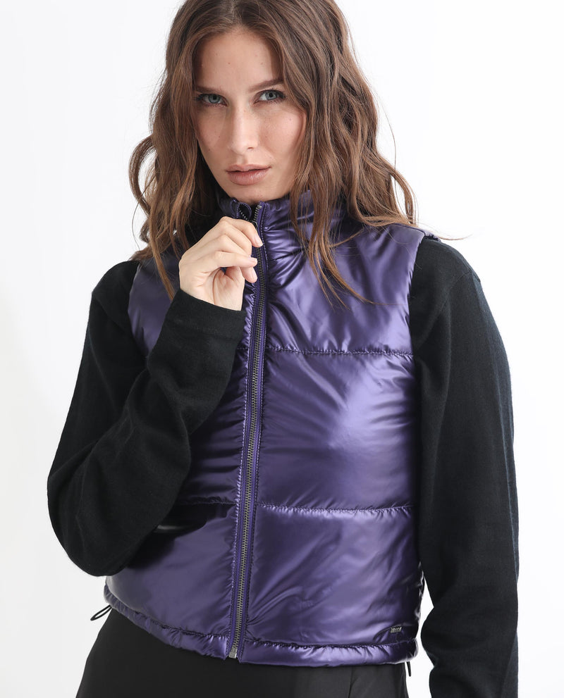 Rareism Women'S Mindy Purple Polyester Fabric Sleeveless Solid High Neck Jacket