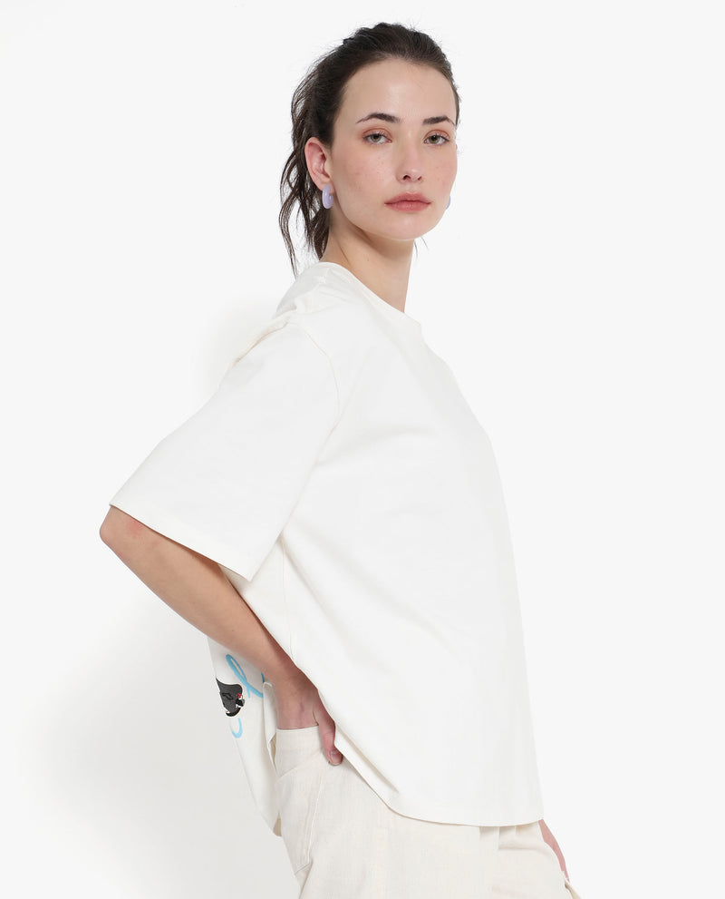 Rareism Women'S Mindy Off White Cotton Fabric Short Sleeve Crew Neck Solid T-Shirt