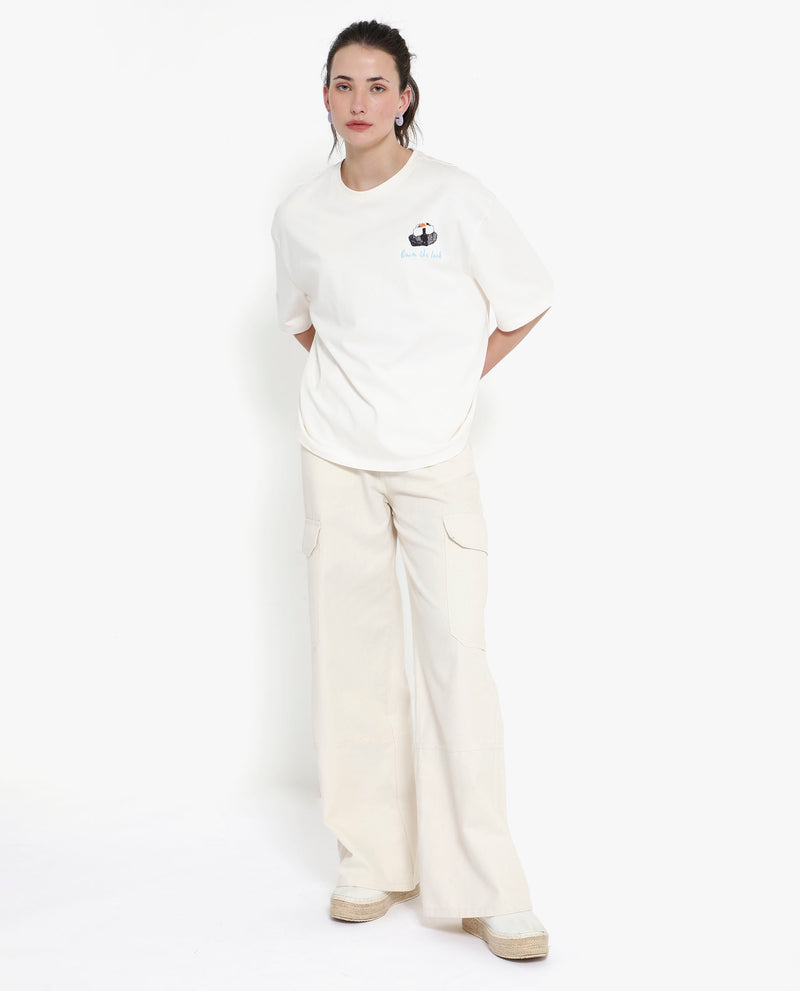 Rareism Women'S Mindy Off White Cotton Fabric Short Sleeve Crew Neck Solid T-Shirt
