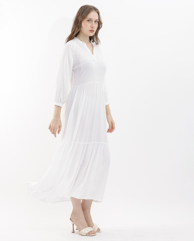 Rareism Women's Miltry Light White Viscose Fabric Full Sleeves Mandarin Collar Raglan Sleeve Fit And Flare Plain Maxi Dress