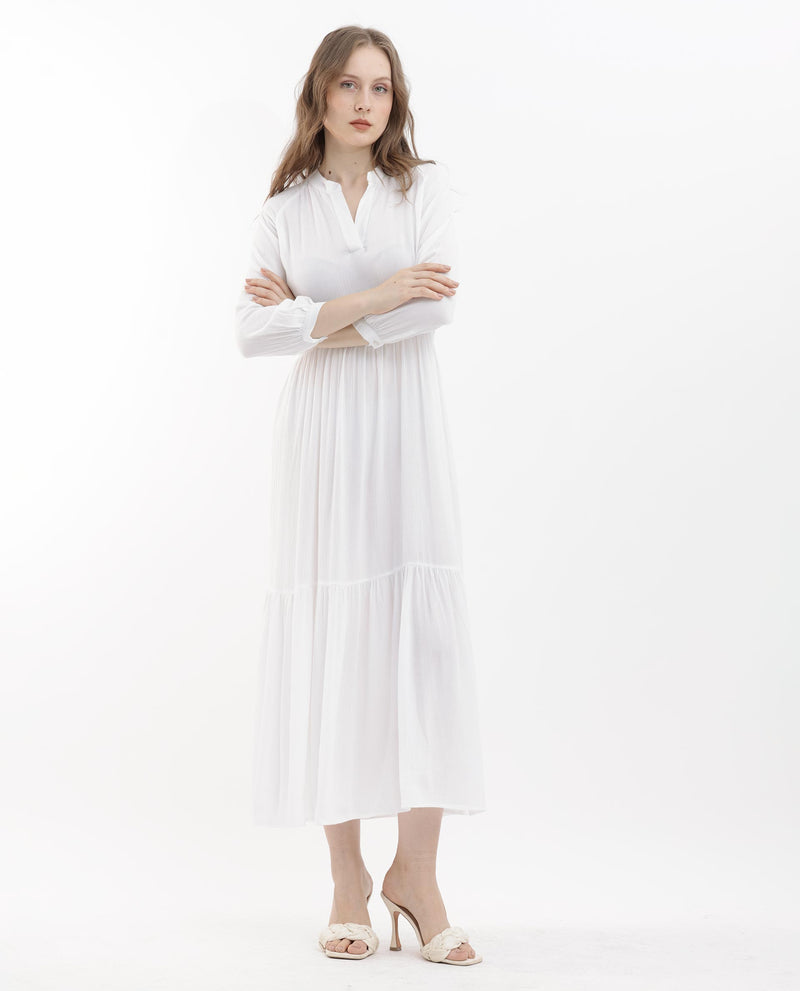 Rareism Women's Miltry Light White Viscose Fabric Full Sleeves Mandarin Collar Raglan Sleeve Fit And Flare Plain Maxi Dress