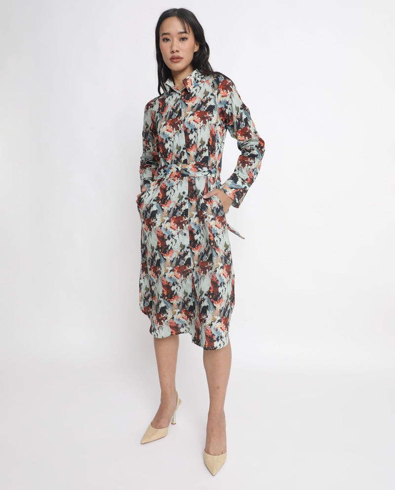 Rareism Women's Mitchell Multi Cotton Fabric Full Sleeves Button Closure Shirt Collar Regular Fit Abstract Print Knee Length Shirt Type Dress