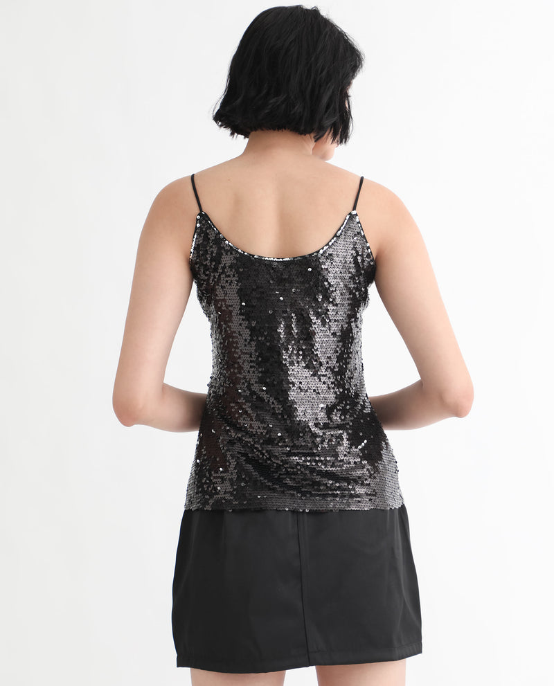 Rareism Women's Molly Sheen Black Polyester Fabric Sleeveless Shoulder Straps Regular Fit Sequined Top