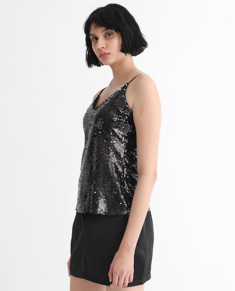 Rareism Women's Molly Sheen Black Polyester Fabric Sleeveless Shoulder Straps Regular Fit Sequined Top