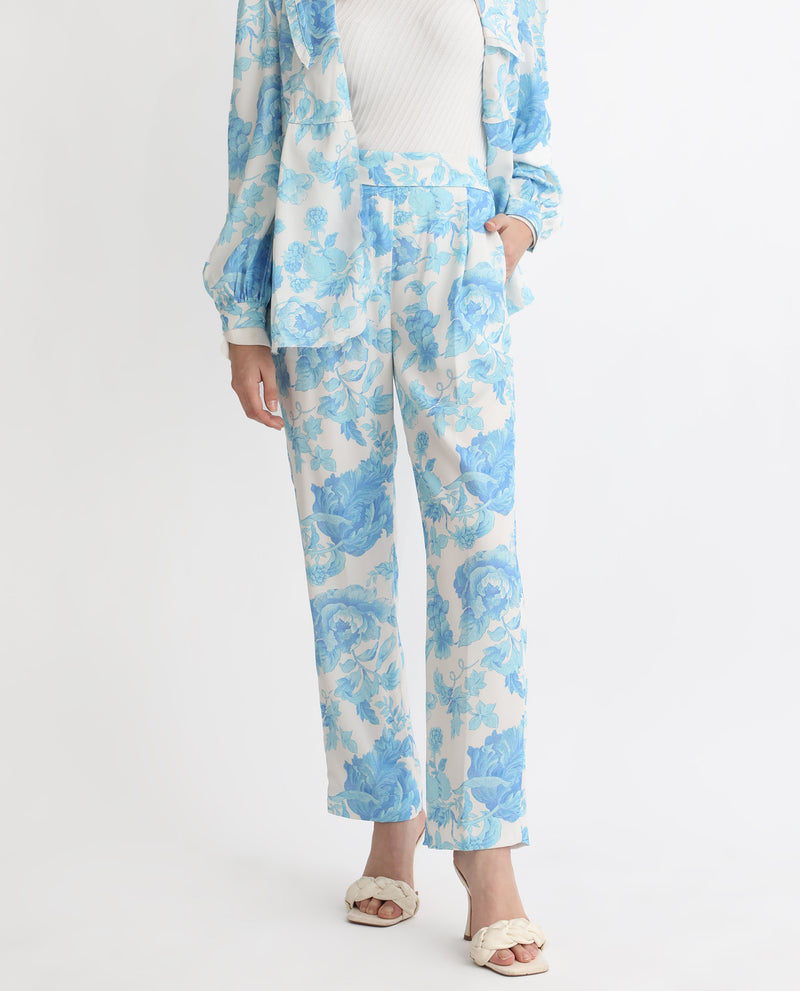 Rareism Women's Mongo Light Blue Polyester Fabric Relaxed Fit Floral Print Ankle Length Trousers