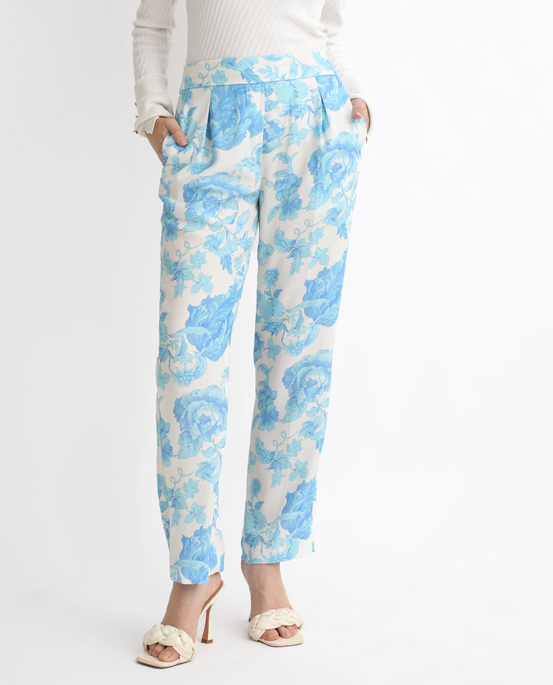 Rareism Women's Mongo Light Blue Polyester Fabric Relaxed Fit Floral Print Ankle Length Trousers
