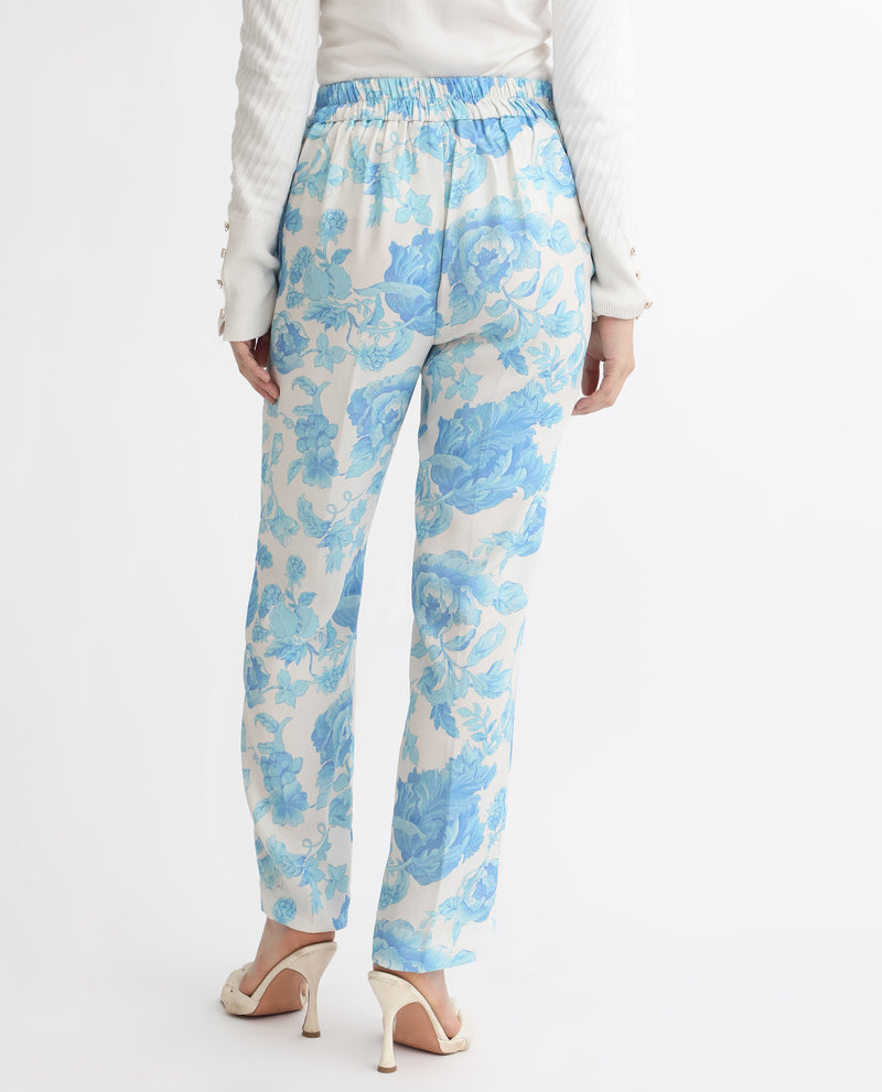 Rareism Women'S Mongo Light Blue Polyester Fabric Relaxed Fit Floral Print Ankle Length Trousers