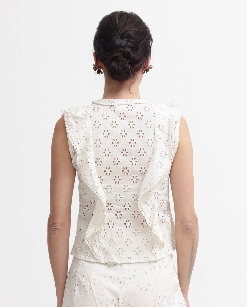 Rareism Women'S Montana-T Light Off White Cotton Fabric Cap Sleeve Collared Neck Solid Regular Length Top