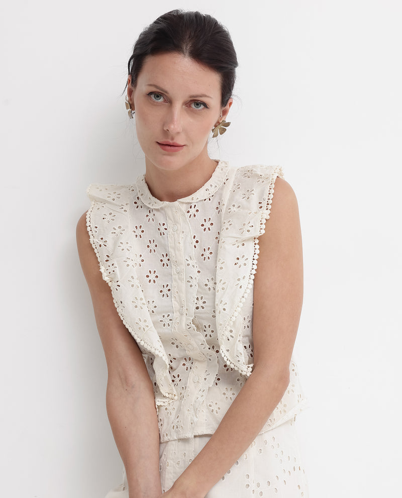 Rareism Women'S Montana-T Light Off White Cotton Fabric Cap Sleeve Collared Neck Solid Regular Length Top