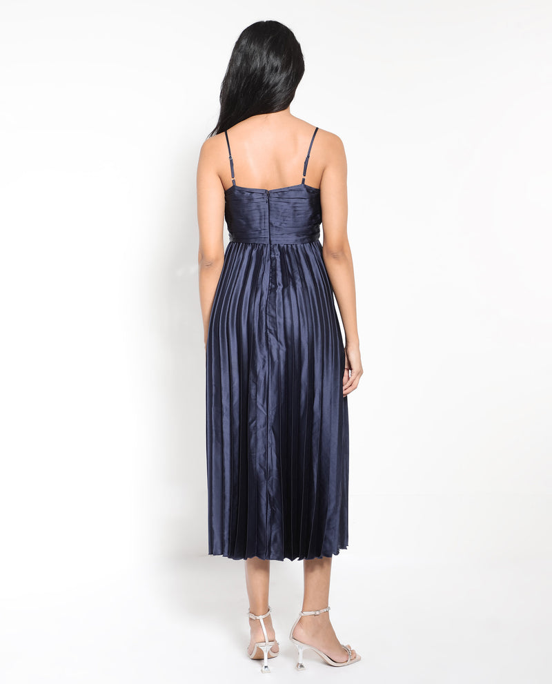 Rareism Women'S Montreal Metallic Navy Polyester Fabric Noodle Straps Plain Dress