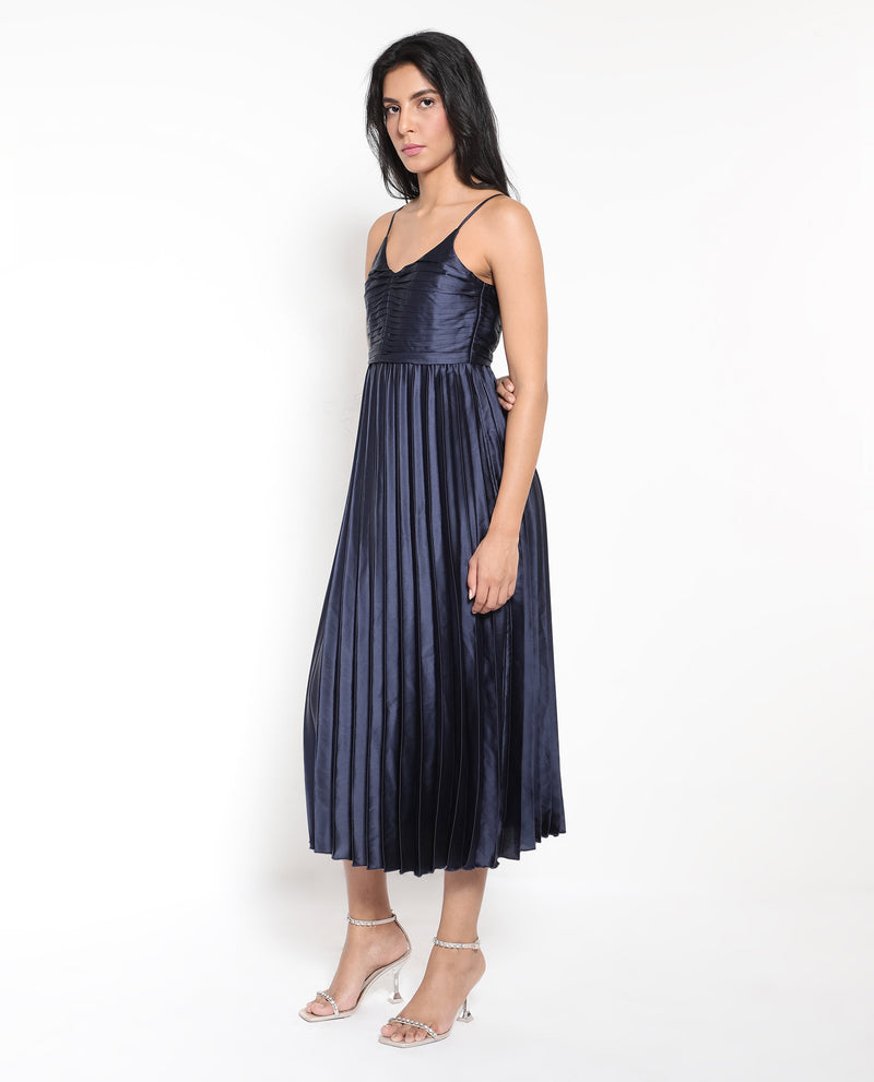 Rareism Women'S Montreal Metallic Navy Polyester Fabric Noodle Straps Plain Dress