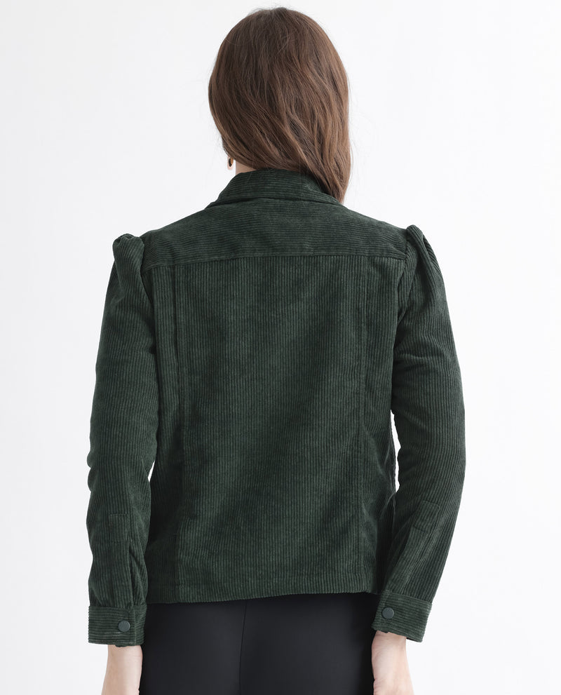 Rareism Women's Mooney Green Polyester Fabric Full Sleeves Solid Shirt Collar Jacket