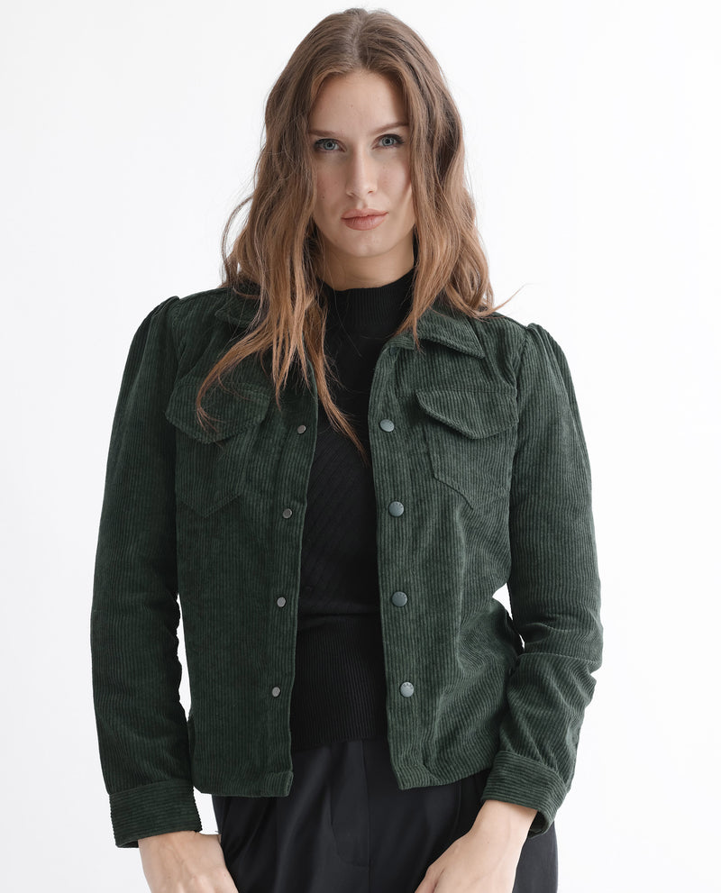 Rareism Women's Mooney Green Polyester Fabric Full Sleeves Solid Shirt Collar Jacket