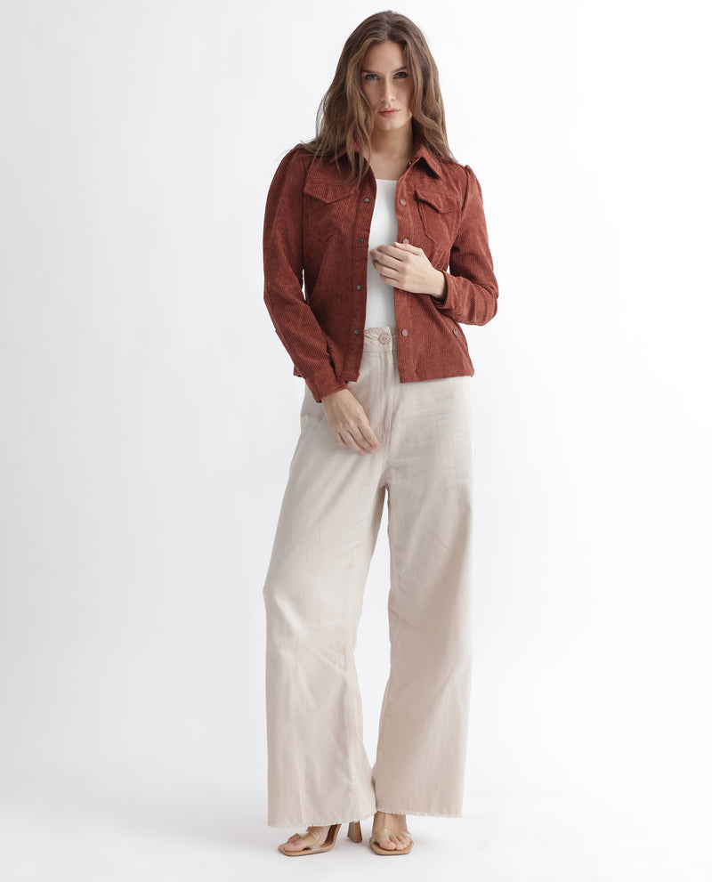 Rareism Women's Mooney Rust Polyester Fabric Full Sleeves Solid Shirt Collar Jacket