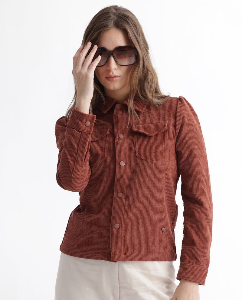 Rareism Women's Mooney Rust Polyester Fabric Full Sleeves Solid Shirt Collar Jacket