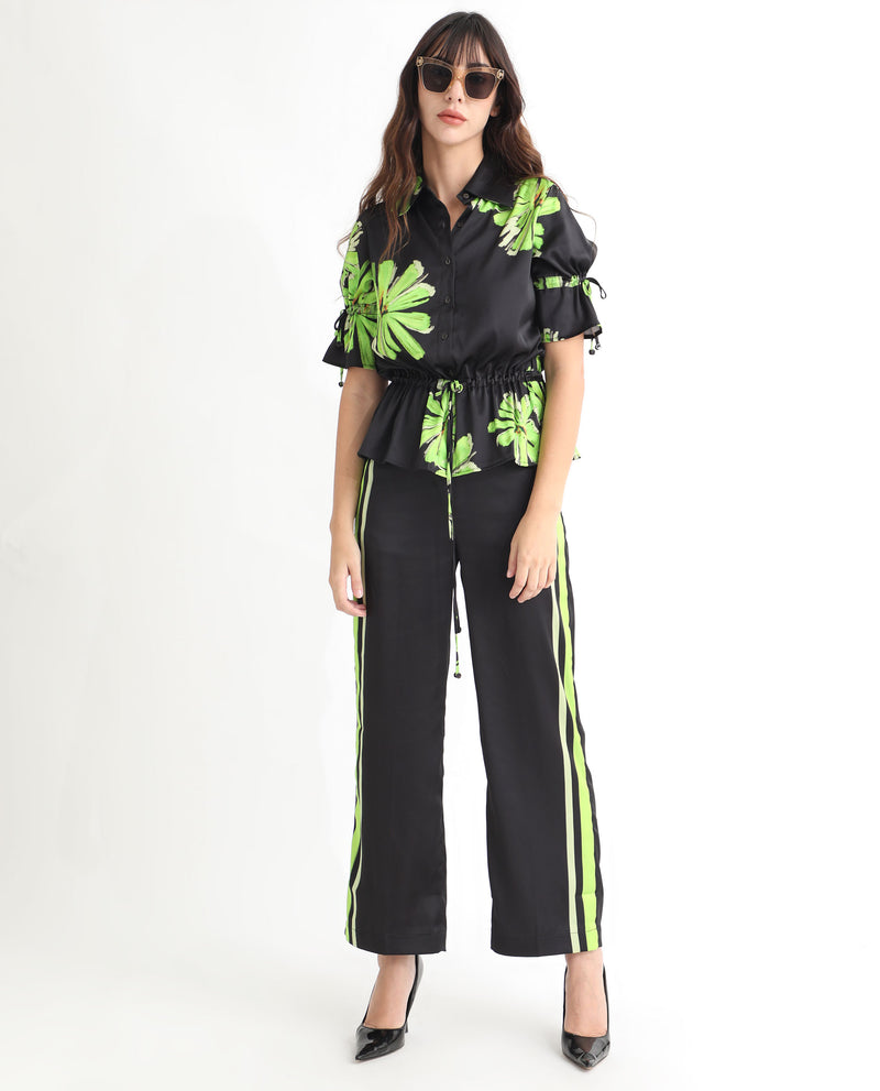 Rareism Women's Murphy Black Polyester Fabric Short Sleeves Button Closure Shirt Collar Regular Fit Floral Print Top