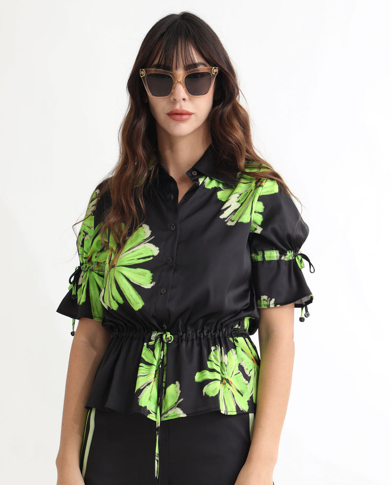 Rareism Women's Murphy Black Polyester Fabric Short Sleeves Button Closure Shirt Collar Regular Fit Floral Print Top