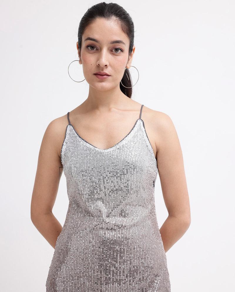 Rareism Women'S Mykonos Metallic Multi Cotton Fabric Noodle Straps Plain Dress