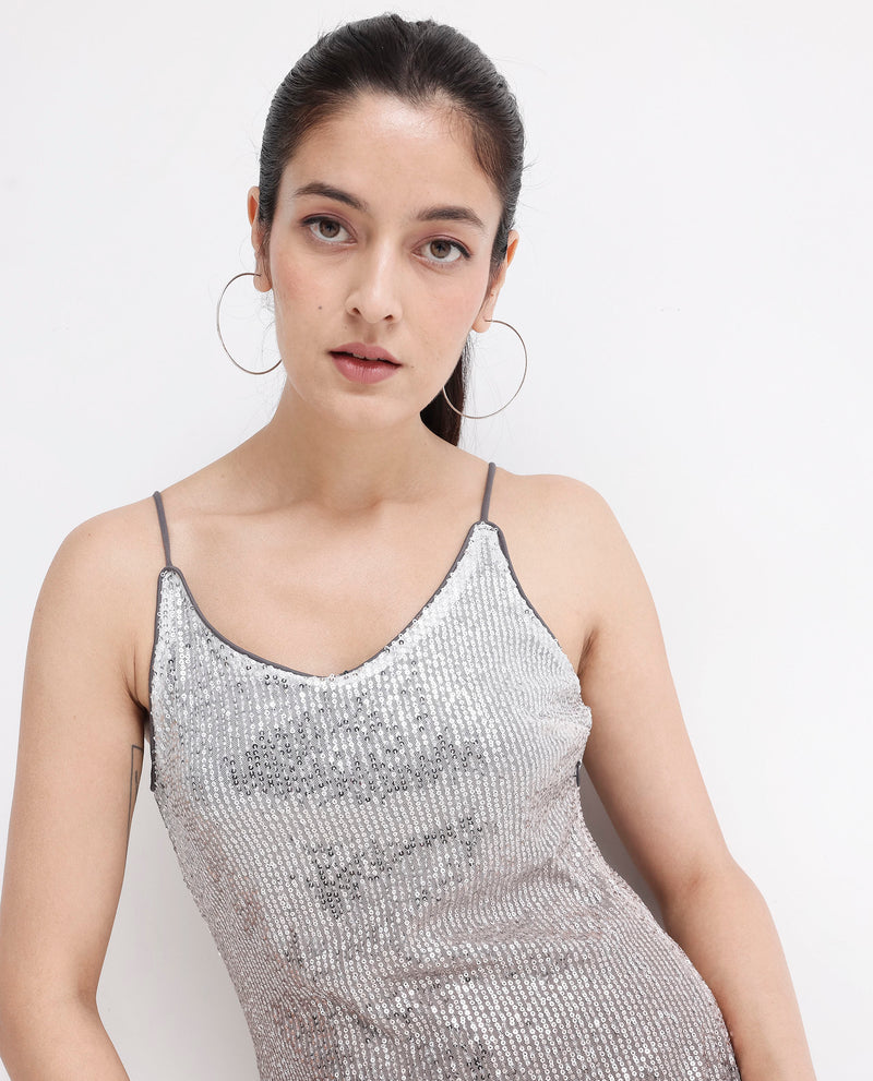 Rareism Women'S Mykonos Metallic Multi Cotton Fabric Noodle Straps Plain Dress