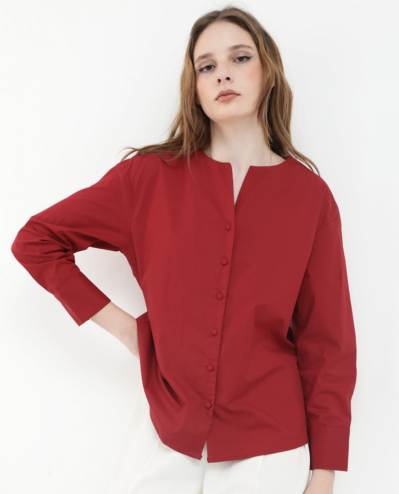 Rareism Women'S Nagoya Red Cotton Fabric Full Sleeve Round Neck Solid Top
