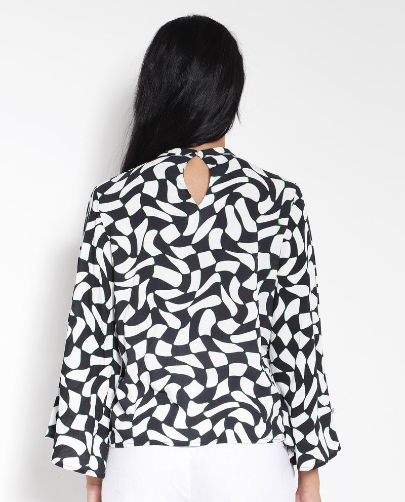 Rareism Women's Napleo Black Bell Sleeves High Neck Button Geometric Print Top