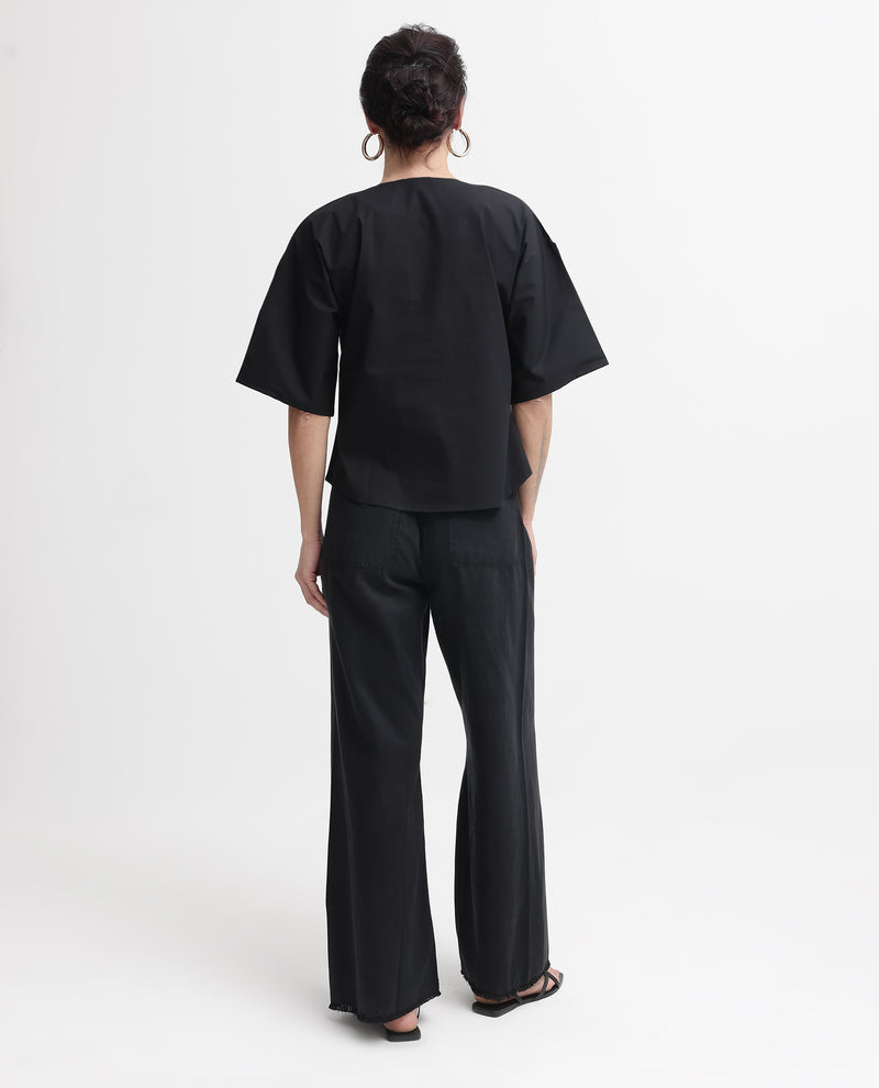 Rareism Women'S Naruto Black Cotton Fabric Balloon Sleeve Round Neck Solid Regular Length Top
