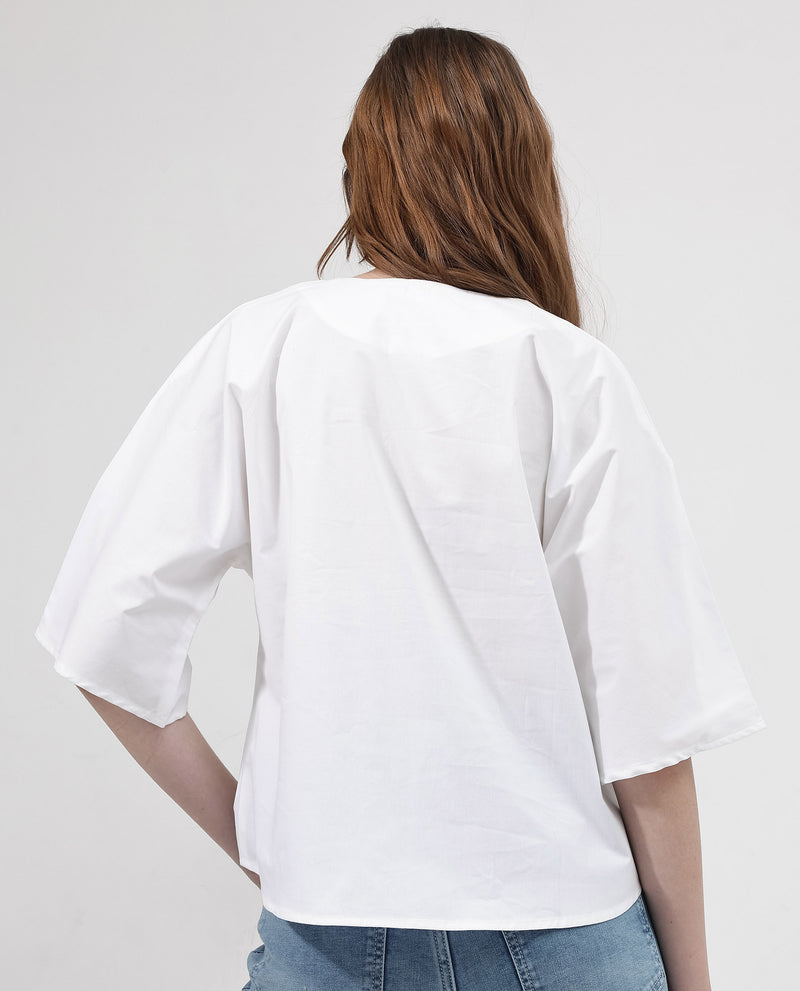 Rareism Women'S Naruto White Cotton Fabric Balloon Sleeve Round Neck Solid Regular Length Top