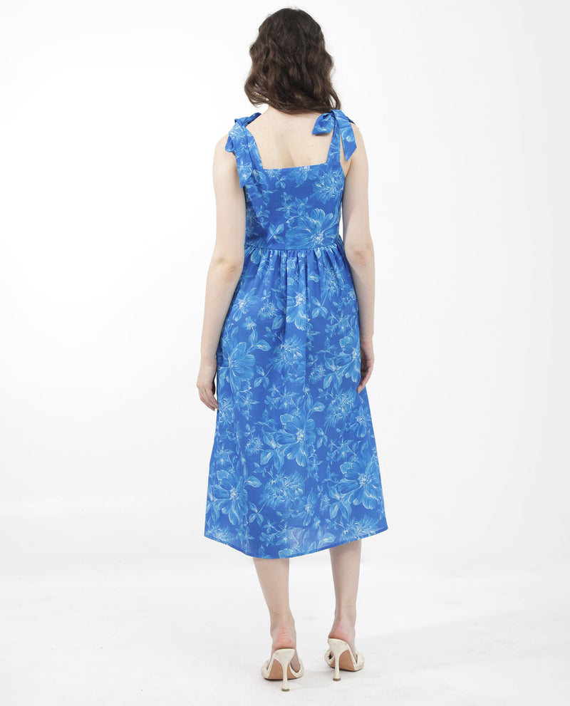 Rareism Women'S Natsuki Blue Linen Fabric Short Sleeve Shoulder Straps Zipper Closure Floral Print Regular Fit Dress