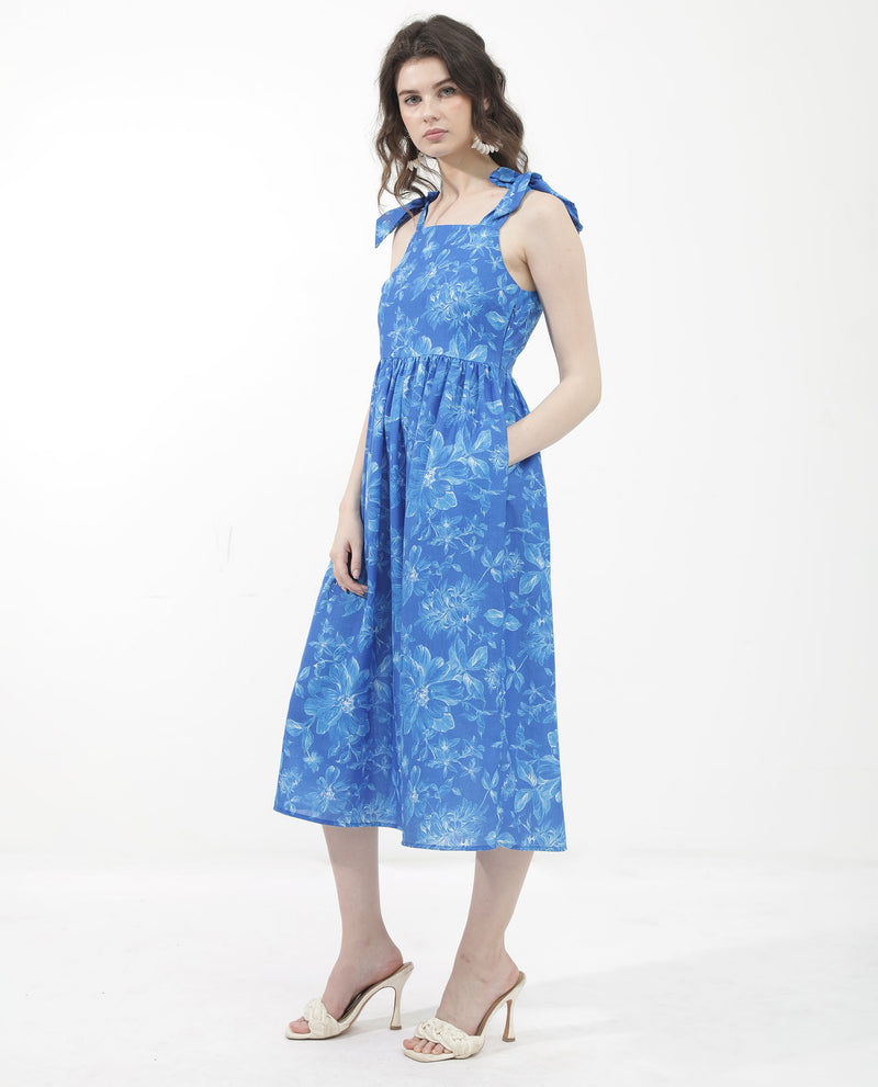 Rareism Women'S Natsuki Blue Linen Fabric Short Sleeve Shoulder Straps Zipper Closure Floral Print Regular Fit Dress