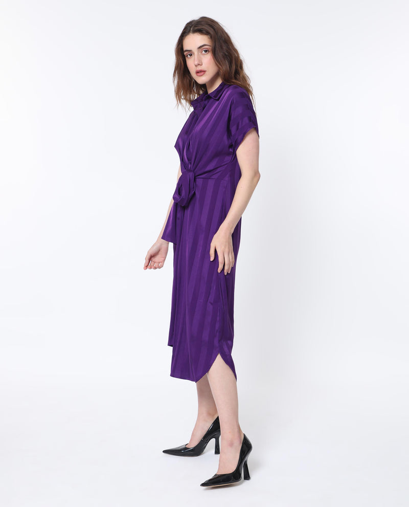 Rareism Women'S Nekop Dark Purple Polyester Fabric Short Sleeves Shirt Collar Regular Fit Striped Knee Length A-Line Dress