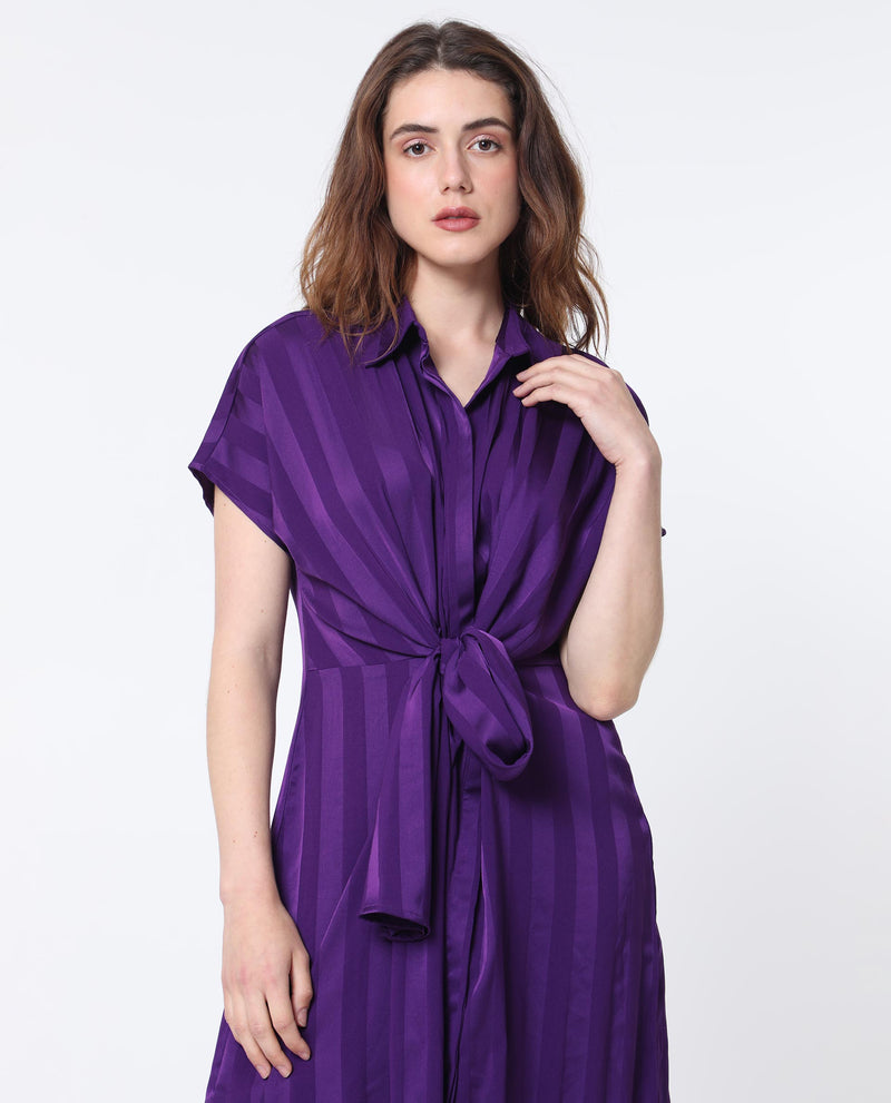 Rareism Women'S Nekop Dark Purple Polyester Fabric Short Sleeves Shirt Collar Regular Fit Striped Knee Length A-Line Dress