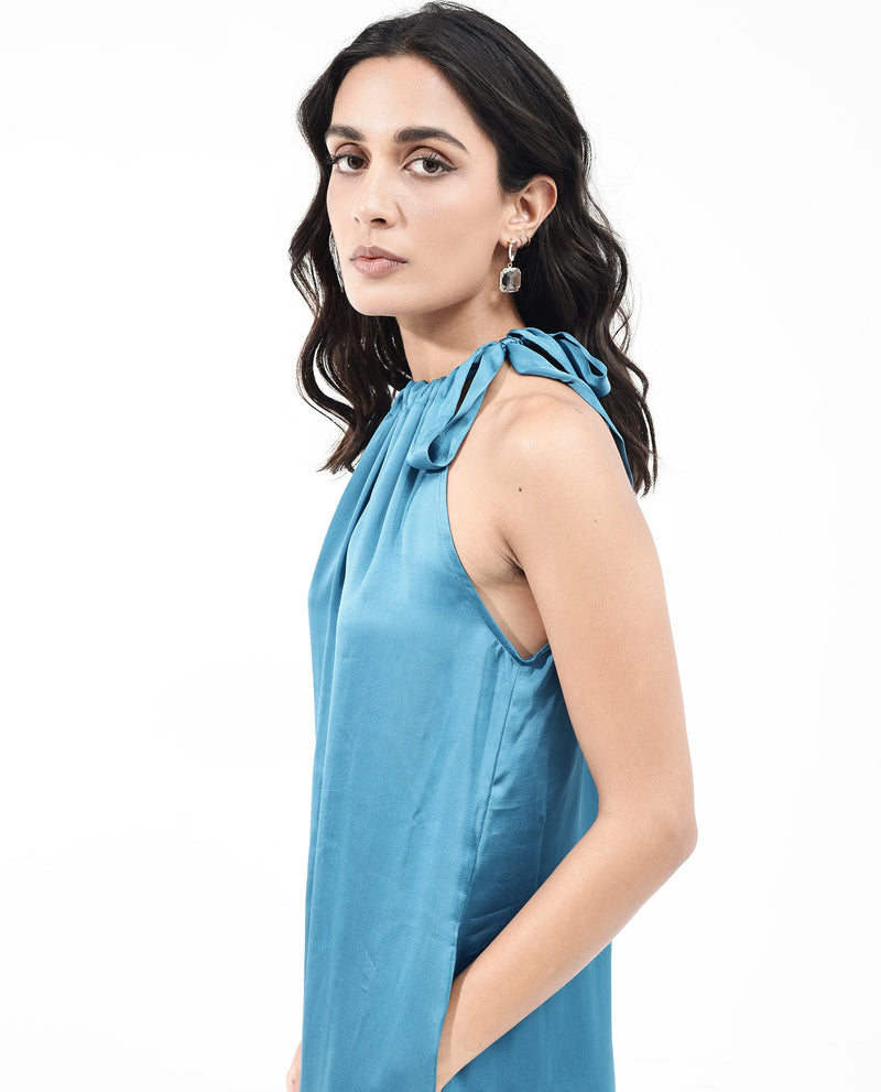Rareism Women'S Neoma Petrol Polyester Fabric Halter Neck Maxi Dress
