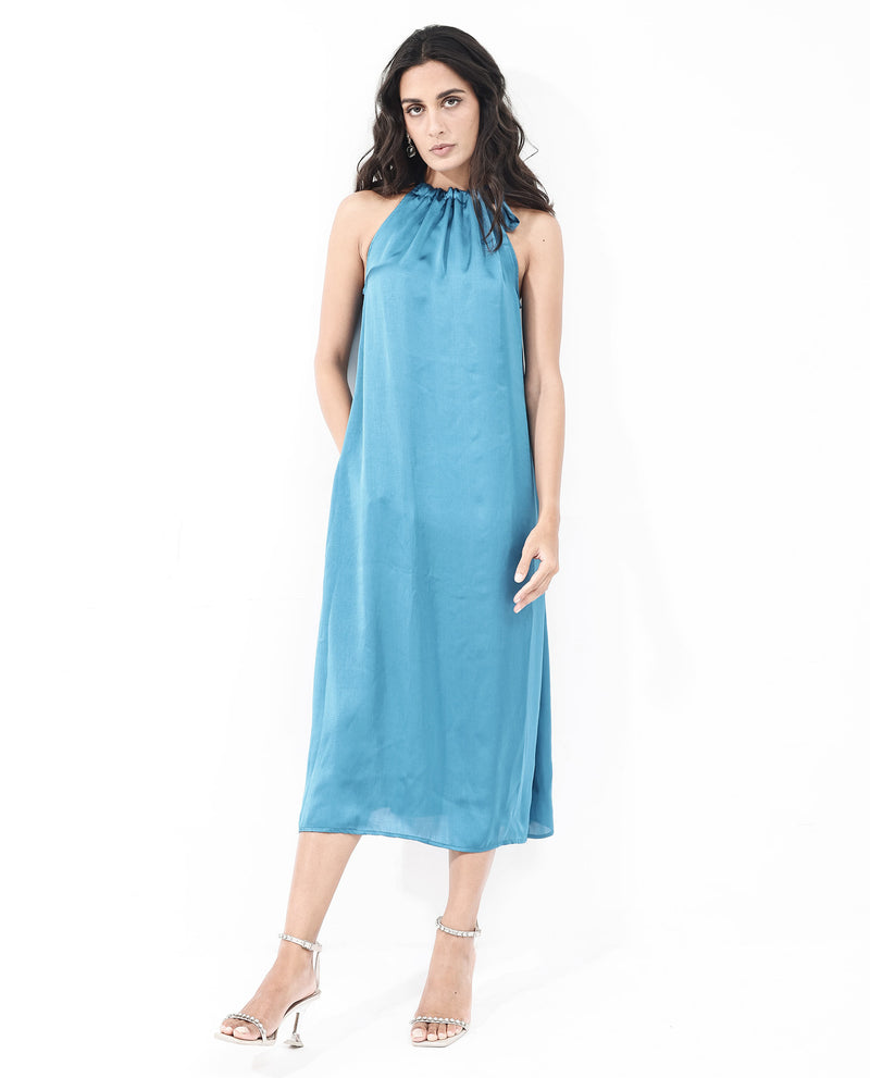 Rareism Women'S Neoma Petrol Polyester Fabric Halter Neck Maxi Dress