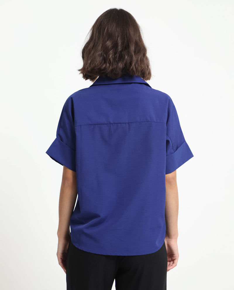Rareism Women's Nilgan Blue Polyester Fabric Short Sleeves Button Closure Shirt Collar Cuffed Sleeve Regular Fit Plain Top