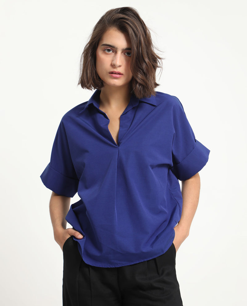 Rareism Women's Nilgan Blue Polyester Fabric Short Sleeves Button Closure Shirt Collar Cuffed Sleeve Regular Fit Plain Top