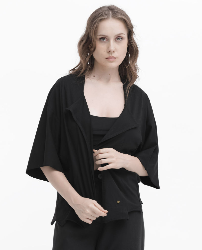 Rareism Women's Nirv Black Cotton Fabric Short Sleeves Relaxed Fit Plain Shrug