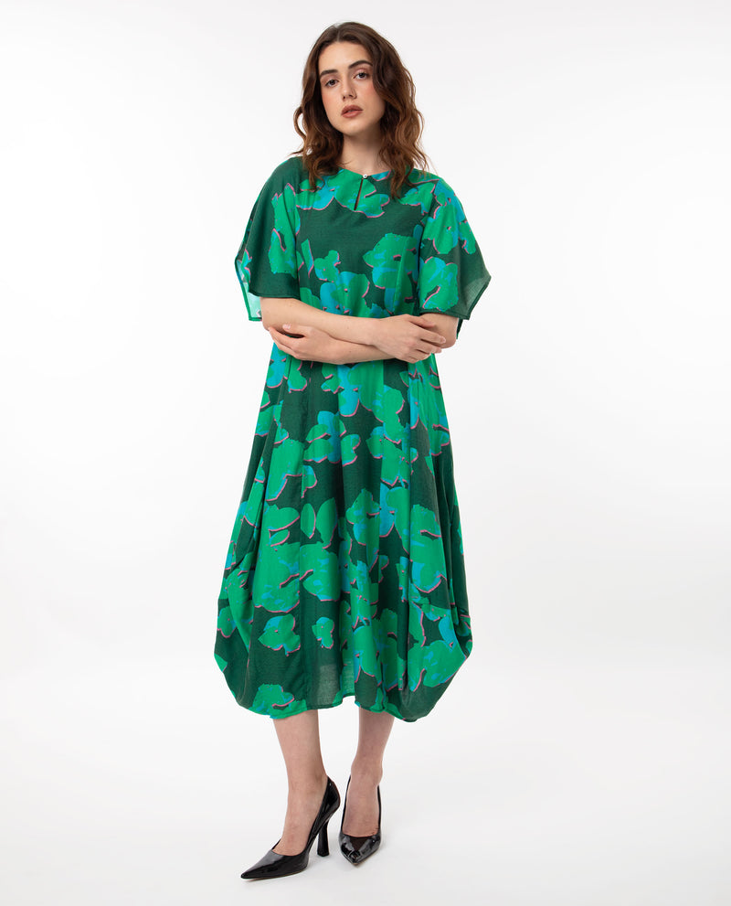 Rareism Women's Kanda Green Poly Viscose Fabric Short Sleeves Button Closure Round Neck Bell Sleeve Regular Fit Abstract Print Midi Asymmetric Dress