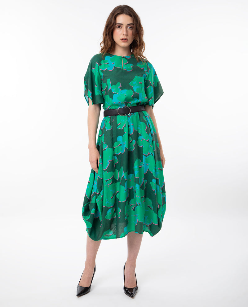 Rareism Women's Kanda Green Poly Viscose Fabric Short Sleeves Button Closure Round Neck Bell Sleeve Regular Fit Abstract Print Midi Asymmetric Dress