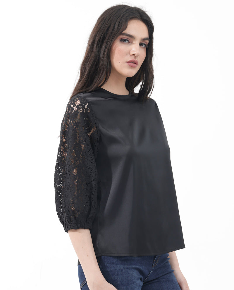 Rareism Women'S Flowy Round Neck Top With Lace Sleeves
